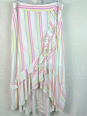 Torrid Hi-Low Ruffle Faux Wrap Maxi Skirt Pastel Striped Rayon Chic Coastal Sz 2